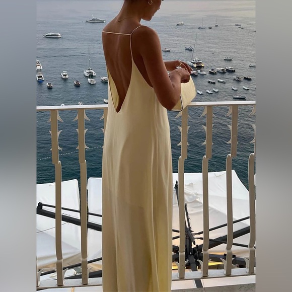 Commense  Backless Vacation Satin Long Maxi Flowy Dress apricot cream NWT large - Picture 1 of 16